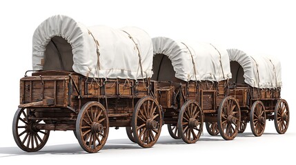 Four Weathered Wooden Covered Wagons with White Canvas Tops on White Background