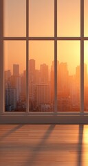 Fototapeta premium Cityscape view through a window at sunset