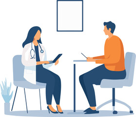 Female Doctor Consulting a Male Patient in Clinic Vector Illustration