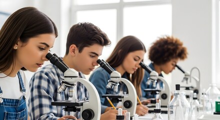 Diverse Students in Science Lab Examining Samples Under Microscopes, Collaborative Learning, Scientific Research, Classroom Experiment Illustration