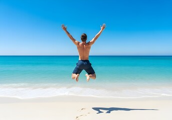 Obraz premium Joyful Beach Escape Man Jumping in Celebration on Sandy Shoreline with Turquoise Ocean and Clear Blue Sky, Vacation Freedom Illustration