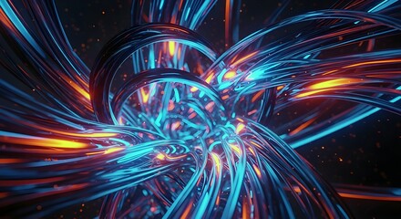 AI-Generated Futuristic Abstract 3D Network of Glowing Tubes and Wires in Blue and Orange