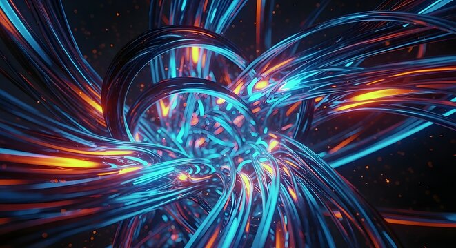 AI-Generated Futuristic Abstract 3D Network of Glowing Tubes and Wires in Blue and Orange - Powered by Adobe
