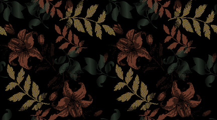 Autumn leaves seamless pattern with stripes and dot pattern. Gradient effect vector pattern with single color design.