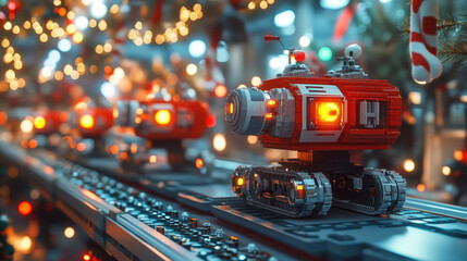 Santa’s robotic helpers assembling toys on a futuristic conveyor belt inside a high-tech Christmas workshop with glowing decorations and festive lights, sci-fi style banner with copy space