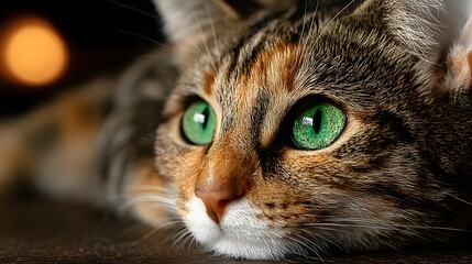 Close Up of a Brown Tabby Cat with Green Eyes Lying Down on Dark Surface