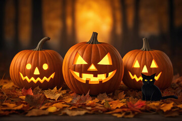 Illuminated Carved Pumpkins with Black Cat in Autumnal Setting, Evoking the Spirit of Fall and Harvest Season with Warm Lighting