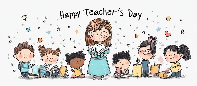 Minimalist Teacher's Day line art: educator with students and "Happy Teacher's Day" text in flat black-and-white vector illustration for cards, posters, educational materials, appreciation gifts or so