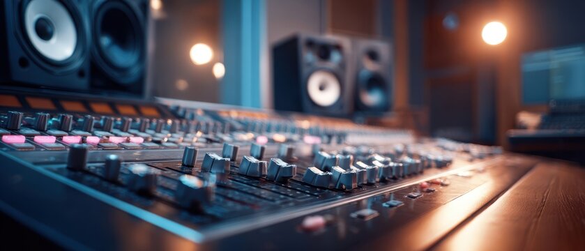 The audio mixer showcasing professional recording studio equipment and atmosphere.