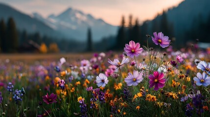 Obraz premium Vibrant field of colorful wildflowers with pink purple and yellow blossoms against a majestic mountain backdrop during golden hour