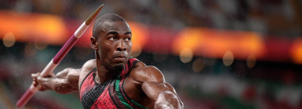 Athlete preparing javelin throw in stadium with intense focus and determination - Powered by Adobe