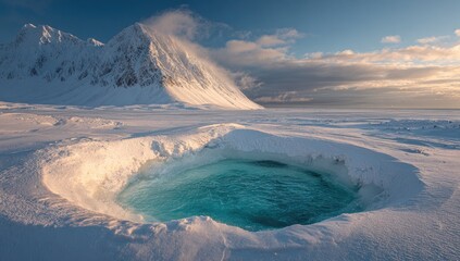 Frozen landscape with a turquoise pool