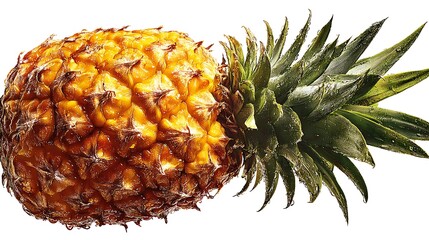 Fototapeta premium Fresh Pineapple Fruit with Green Leaves and Water Droplets on White Background