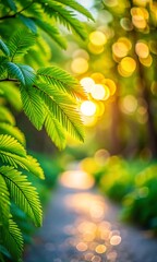 Sunlight filtering through green leaves onto a forest path, creating a warm and inviting atmosphere