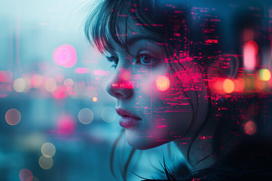 Future forward thinking young woman immersed in glowing digital city data streams
