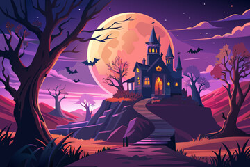 Spooky haunted castle on a hill under a large full moon with bats flying at night © crafthubbd
