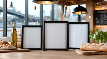 Three black frames with white backgrounds sit on a wooden table. The table is set with a loaf of bread, a bottle of olive oil, and a bunch of green herbs. The scene suggests a casual, homey atmosphere