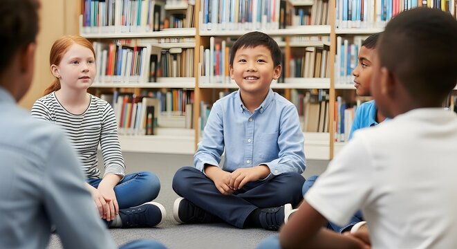 Diverse Elementary Students Engaged in Group Discussion Circle in Library, Smiling and Sharing, Education, Learning, Community Illustration