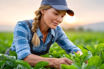 Female farmer examining crops in cultivated field at sunset