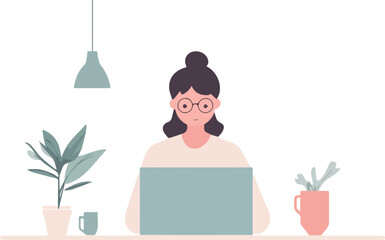 Young woman working from home office vector illustration freelancer working on laptop at her house with plants and lamp comfortable workplace concept for web