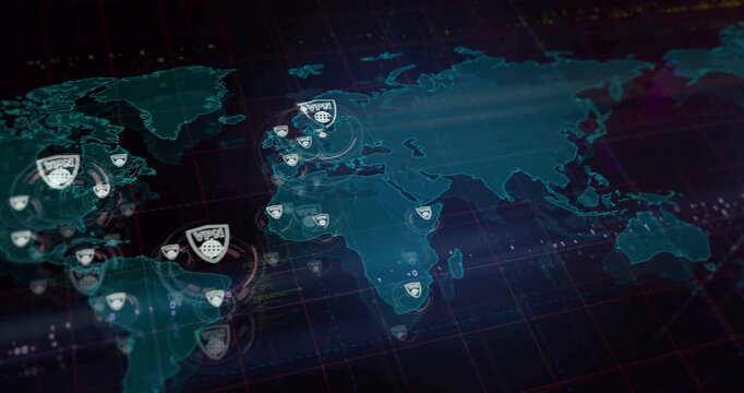 VPN virtual private network security communication symbols over world map. Seamless looped technology concept.