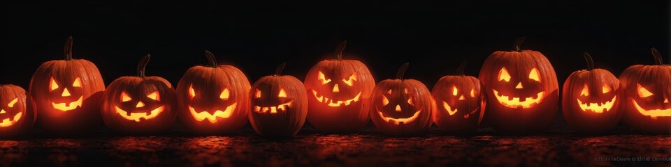 Spooky Row of Illuminated Halloween Pumpkins on a Dark Backdrop