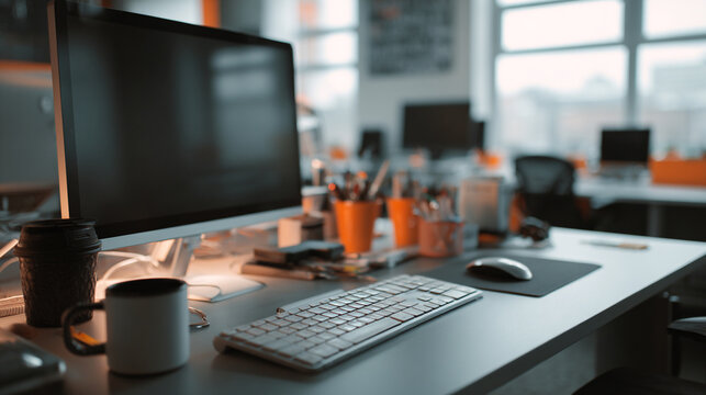 A workstation in an office with a computer monitor and keyboard on a clean white desk surface