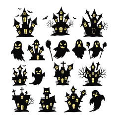 Assortment of Halloween haunted houses and ghosts spooky