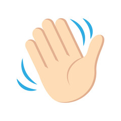 Illustration of a hand waving with blue curved lines indicating motion on a white background