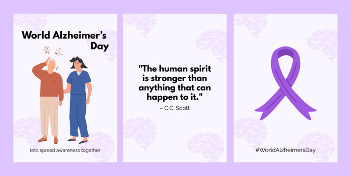 World Alzheimer Day social media campaign with elderly characters, awareness ribbon, memory loss message and supportive care theme. Concept of dementia awareness and elderly support banner template. - Powered by Adobe