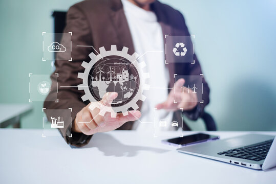 Professional activating green technology interface with wind, recycle, CO₂, and energy icons perfect for climate change, clean energy,