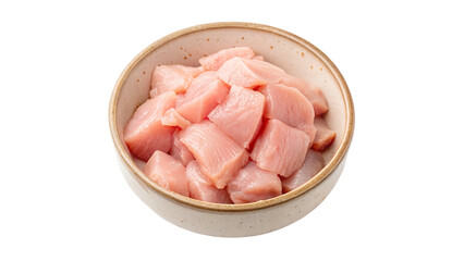 raw diced chicken fillet in ceramic bowl  isolated on transparent background