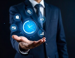 Businessperson displays a holographic clock with process icons, symbolizing time management and efficiency
