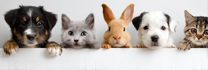 Curious Pets Peering Over a Blank White Space: Dogs, Cats, and More Awaiting Your Message