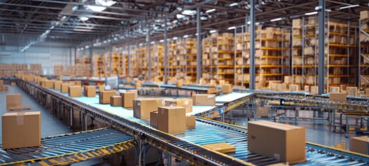 Fototapeta premium The bustling warehouse with automated conveyor system moving packages efficiently