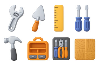 3d cartoon tools set with hammer, wrench, screwdriver, and toolbox