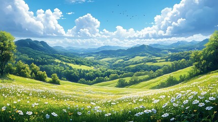 Fototapeta premium Idyllic Natural Landscape: Rolling Green Hills and Valleys Under Bright Blue Sky with Fluffy Clouds, Foreground White and Yellow Wildflower Field (Mainly Daisies) Covering Gentle Slopes, Lush Trees an