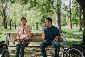 A young couple shares a pizza and conversation while sitting outdoors on a wooden bench surrounded by trees in the park during a sunny day.