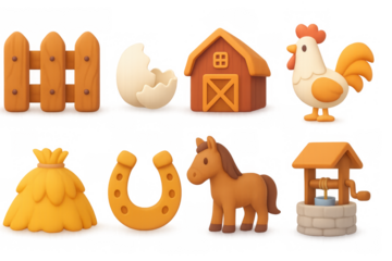 Charming farm elements in 3d cartoon style with barn, animals, and tools