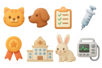 Cute animal and medical icons collection in 3d cartoon style for veterinary themes