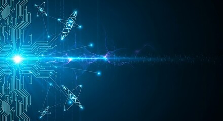 Abstract Digital Technology: Futuristic Circuit Board, DNA, and Atomic Energy Flowing Data Stream.