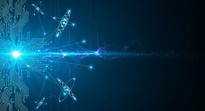 Abstract Digital Technology:  Futuristic Circuit Board, DNA, and Atomic Energy Flowing Data Stream. - Powered by Adobe