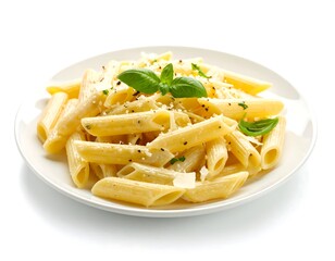 Creamy pasta dish, penne in a white plate, garnished with cheese and basil