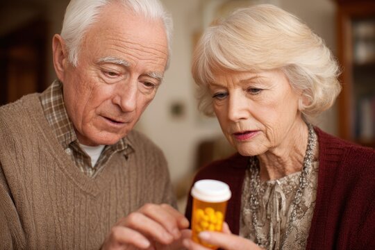 Elderly Couple Examining Medicare Prescription Label for Dosage Details and Drug Information