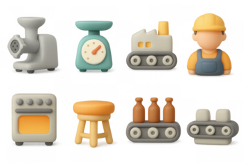 Cartoon style industrial and kitchen equipment icons for web and mobile apps