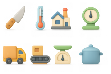 3d cartoon style household and industrial icon set with kitchen and construction elements