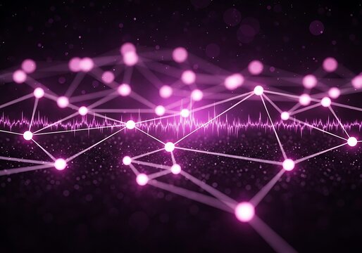 Abstract Network Connection: Pink Glowing Nodes, Data Waveform, Dark Background