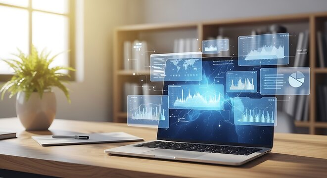 Data analysis and business intelligence on a laptop with floating charts and graphs