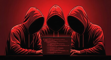 Three anonymous hackers in hoodies working on a computer in a dark room