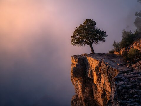 Lone tree stands on a rocky cliff edge in morning mist - Powered by Adobe